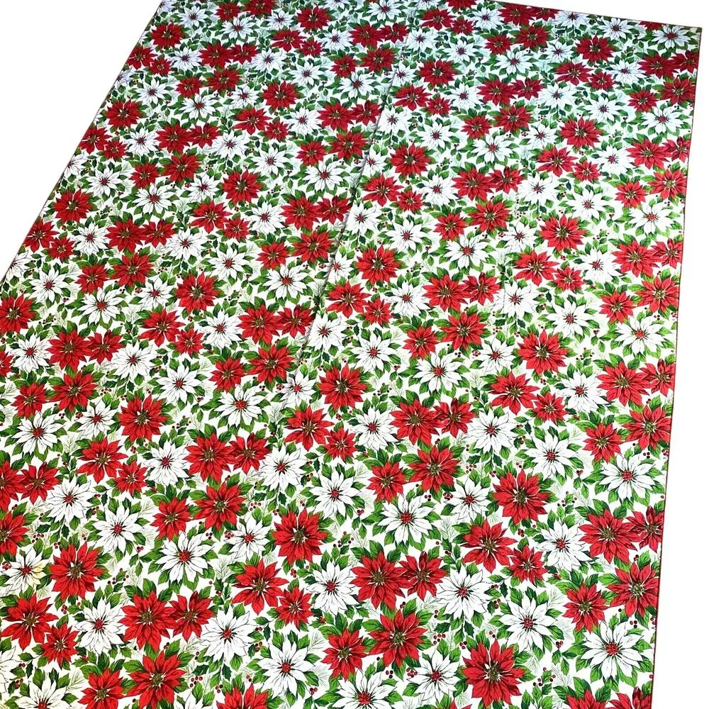Christmas Tablecloth 1980’s Lightweight Cotton Blend Poinsettias Red Green White